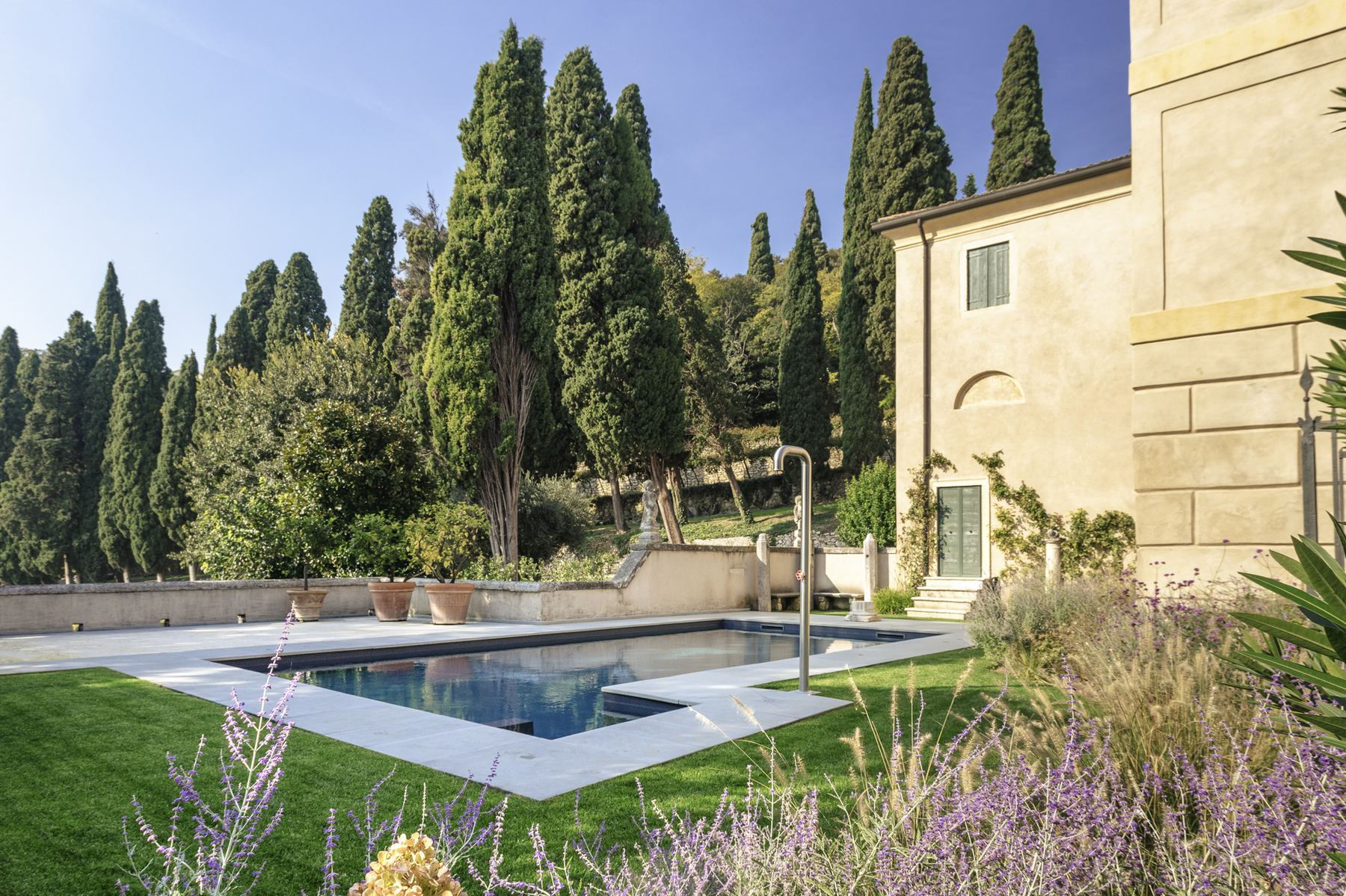 La terrazza con la piscina, vista sui vigneti
